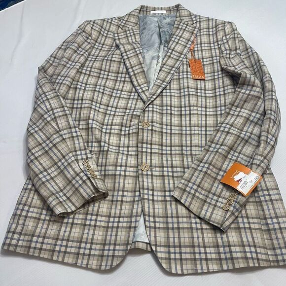 NWT Tallia Verdello Slim Fit Linen Tan Plaid Linen 2 Button Blazer Size 46L New